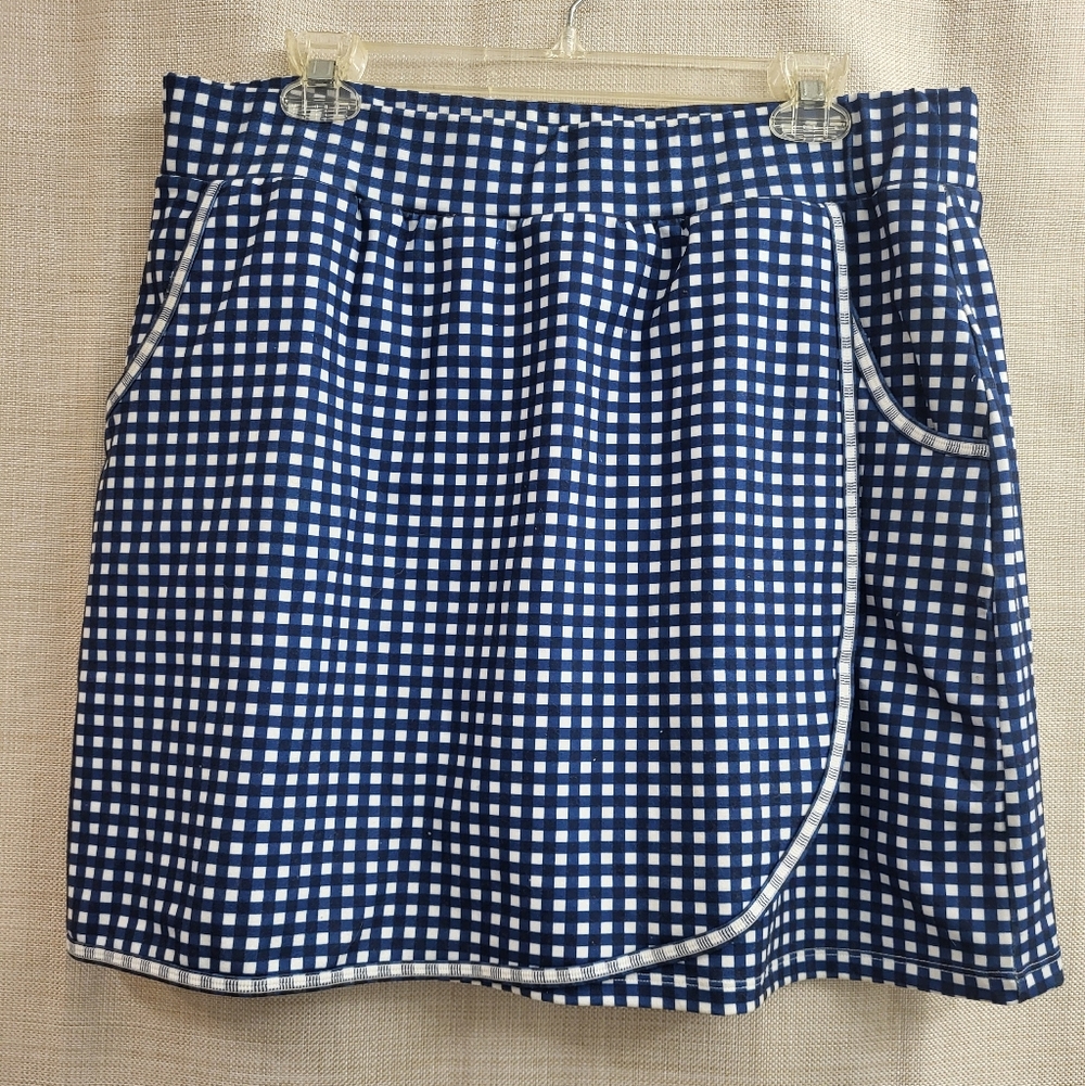Talbots Women’s On The Move Wrap‎ Skort Gingham Plaid Blue White Tennis Size L